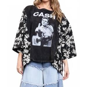 NEW BLUE VELVET kantha poncho top in johnny cash print